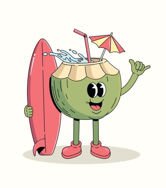 椰子冲浪站时髦卡通插画图片下载