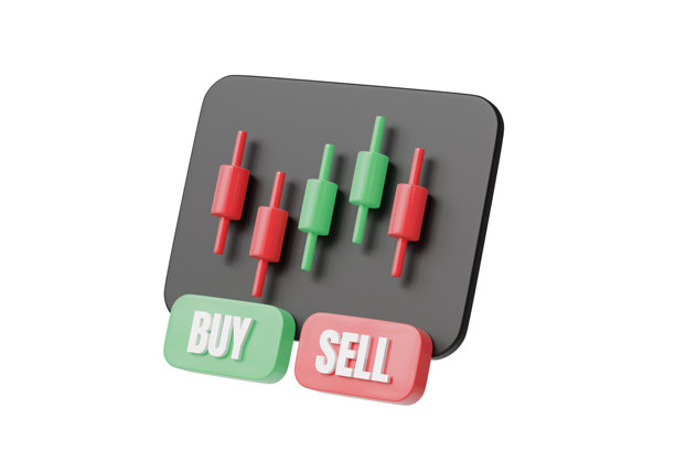 3D买卖蜡烛图图标，交易信号概念。交易应用程序的极简卡通市场图表指示器按钮。孤立在白色透明背景上。3D渲染。图片下载