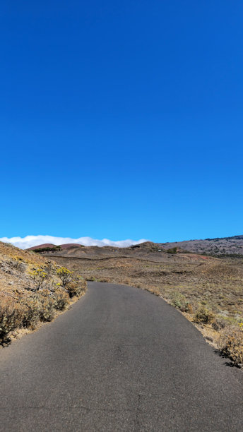西班牙加那利群岛埃尔耶罗岛，HI-500公路在晴朗蓝天下蜿蜒穿过火山地貌。这条沥青路穿越干旱的火山地带，植被稀疏，位于西班牙加那利群岛埃尔耶罗岛。图片下载