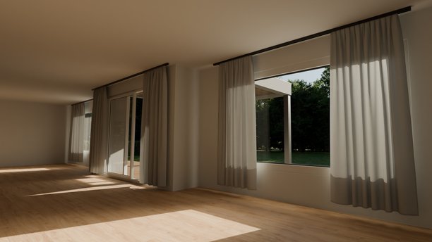 阳光透过大窗户洒满宽敞的房间，窗帘柔和地垂挂着，可以看到户外的绿色植物。木地板为室内空间增添了温暖感。3D渲染。图片下载