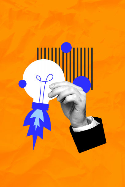 独家图片，艺术波普潮流拼贴，一只人手拿着一个灯泡，象征着发明、想法、停电项目、发展和火箭发射。图片下载