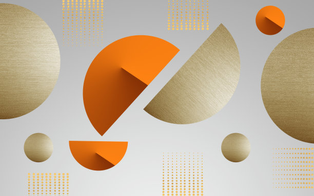 3D现代艺术画框画布壁画壁纸。浅灰色银色背景上的金色、橙色圆形和装饰性金色图案线条。图片下载