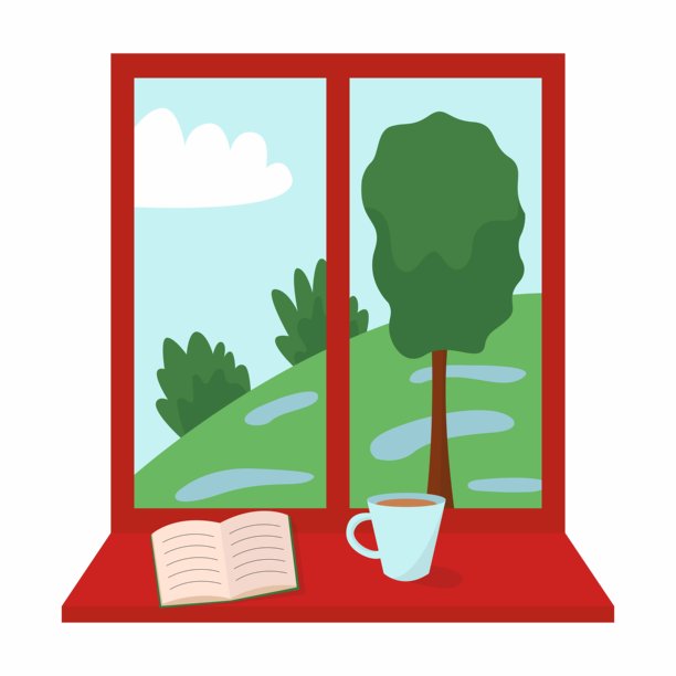 窗户内的春季风景平面矢量插画。从窗户看到的春日景象图片下载