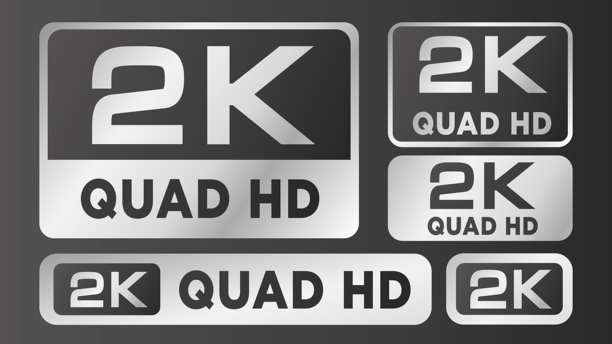 银色 2K 四倍高清分辨率矢量图标集。视频和显示质量标签。矢量插画图片下载