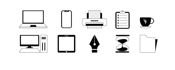 办公和设备图标，黑白，笔记本电脑、台式机、智能手机、平板电脑、打印机、工作空间图片下载