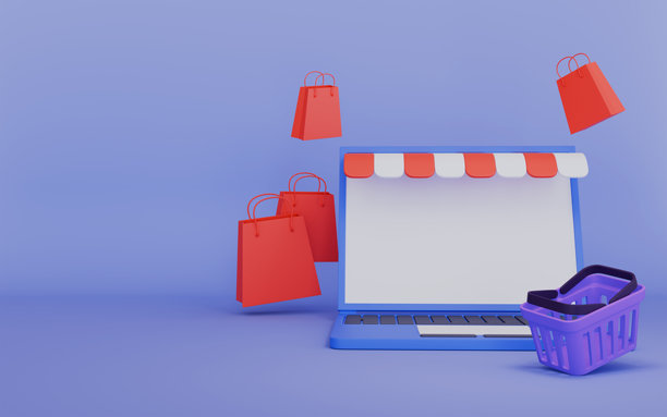 带有笔记本电脑、购物车和礼品袋的商店三维插画图片下载