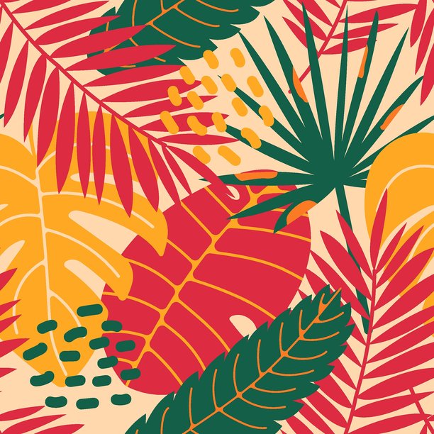 鲜艳的扁平风格热带叶子无缝图案，色彩充满活力。适用于夏季项目、包装、织物、纺织品和时尚的扁平化设计。矢量插画。图片下载
