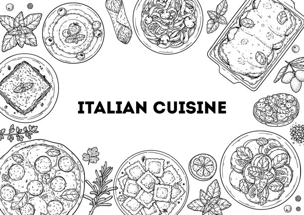 意大利美食俯视画框。意大利菜。矢量图插画。意大利菜肴草图集。美食菜单设计模板。非AI生成。图片下载