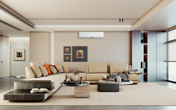 现代明亮的室内房间，配有空调和遥控器插画，3D渲染图片下载