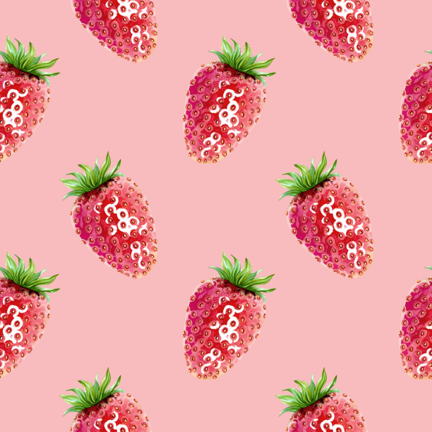 一款用于织物或包装的无缝图案，以多汁的草莓为特色。一个简单而优雅的、无尽的、美味的新鲜红浆果，顶部带有绿叶的图案。手绘水彩插画。图片下载