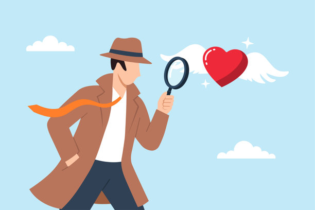 扁平化插画：侦探用放大镜检查飞翔的心，象征着对爱情的搜寻、情感关系的调查、情感的清晰度、浪漫的发现以及对感情的理解。图片下载