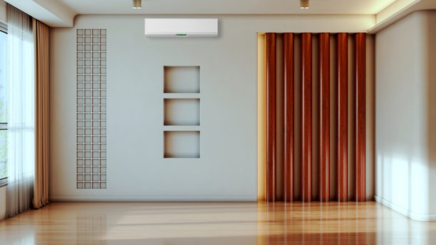 现代明亮的室内房间，带有空调和遥控器插画，3D渲染图片下载