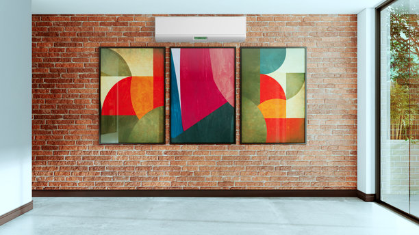 现代明亮的室内房间，配有空调和遥控器插画，3D渲染图片下载