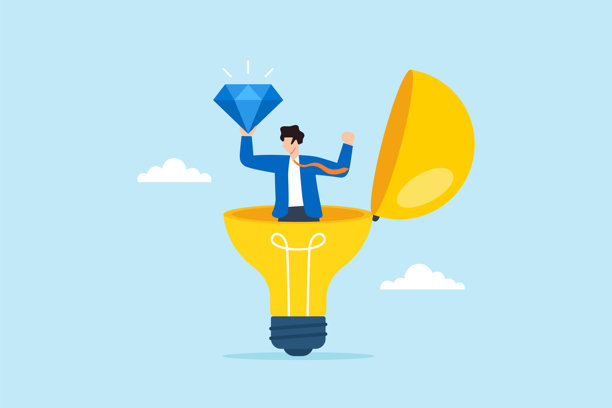 商务人士从敞开的灯泡中走出来，手持钻石，象征着宝贵的想法、创新、创造力、突破性思维和发现黄金机会的扁平插画图片下载
