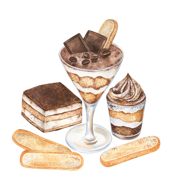 各种提拉米苏甜点的水彩插画，用手指饼干装饰图片下载