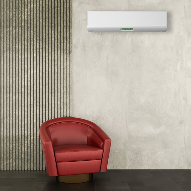 现代明亮的室内房间，配有空调和遥控器插画，3D渲染图片下载