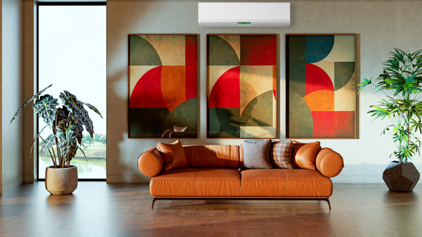 现代明亮的室内房间，配有空调和遥控器，3D渲染插画图片下载