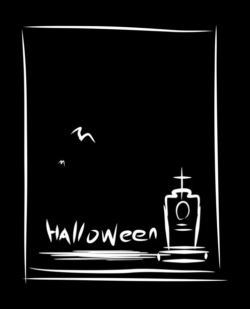 万圣节卡片，采用扁平风格，用画笔潦草绘制。黑白插画，节日，十月图片下载