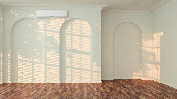 现代明亮的室内房间，配有空调和遥控器插画，3D渲染图片下载