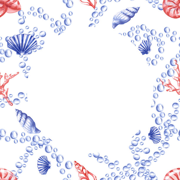一个带有气泡和贝壳的方形画框。孤立的水彩插画，描绘海洋生物，适用于室内设计、儿童派对和海报印刷。图片下载