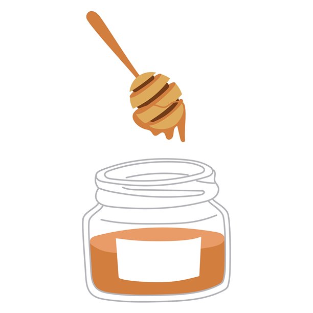 玻璃罐中的蜂蜜和木勺。蜂蜜从勺子滴入罐中。茶会的甜点。自制蜂蜜。手工制作。食物的平面矢量图，在白色背景上突出显示。图片下载