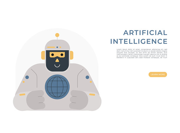 友好机器人的扁平矢量插画，它手中拿着一个数字地球。图片下载