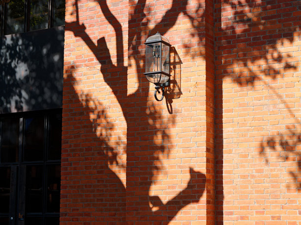 阳光明媚的日子里，古老的金属路灯投射在红砖墙上的影子。装饰性的黑色灯笼。历史复古风格。优雅的铁艺细节。城市建筑景观。图片下载