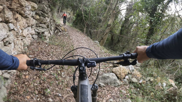 第一人称视角，跟随年轻女子骑着电动山地车穿越森林和古老遗迹图片下载