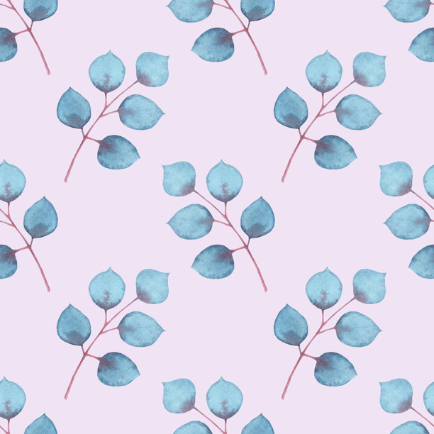 水彩蓝叶无缝图案，带有紫丁香纸张纹理背景的树枝，手绘的植物插画，自然风光图片下载
