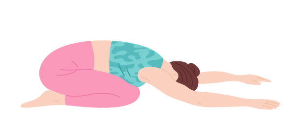 女性做瑜伽卡通矢量插画 健康女孩放松伸展 婴儿式 养生图片下载