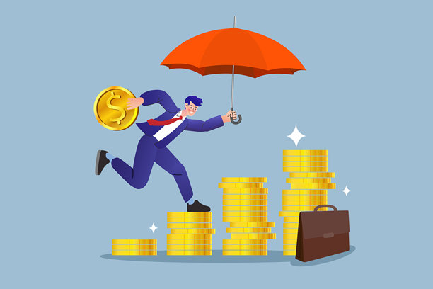 商人撑伞持钱，在金币堆成的阶梯上奔跑。扁平化矢量插画，用于表现金融投资保护、保险安全和企业财富增长。图片下载