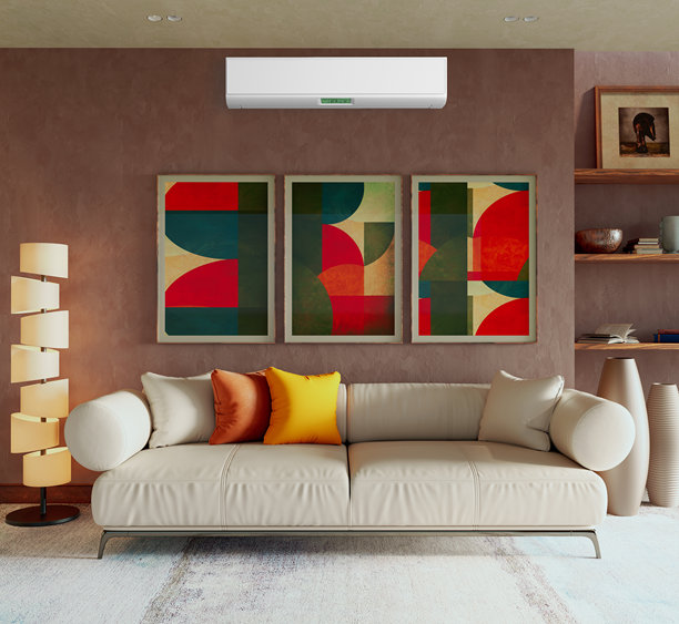现代明亮的室内房间，配有空调和遥控器插画，3D渲染图片下载
