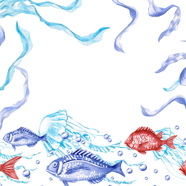 方框内有海藻、鱼和水母。海洋生物的水彩插画，适合室内设计、儿童派对和海报印刷。图片下载