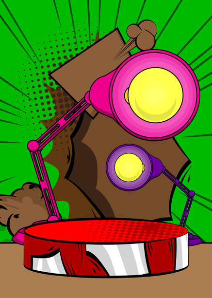 漫画书产品展示台，带有办公台灯，用于模型展示。复古漫画背景。图片下载