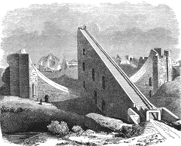 历史天文仪器，包括位于贝拿勒斯（瓦拉纳西）婆罗门天文台的大型石质建筑和观测设备，展示了建筑的独创性和早期印度天文学，古老复古插画，1880年图片下载