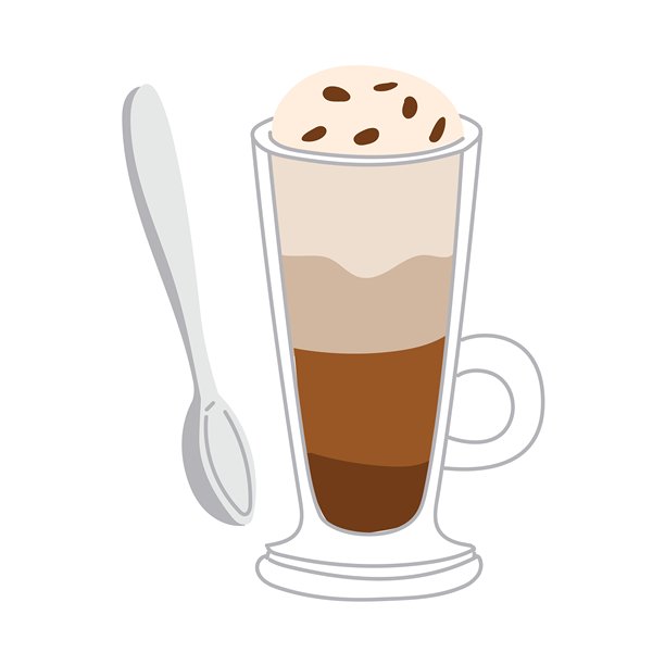 透明玻璃高杯，盛有分层的咖啡饮品。表面有泡沫和巧克力碎。一杯美味的咖啡饮品，配有长柄勺，营造传统而舒适的休闲时光。扁平化矢量彩色插画图片下载