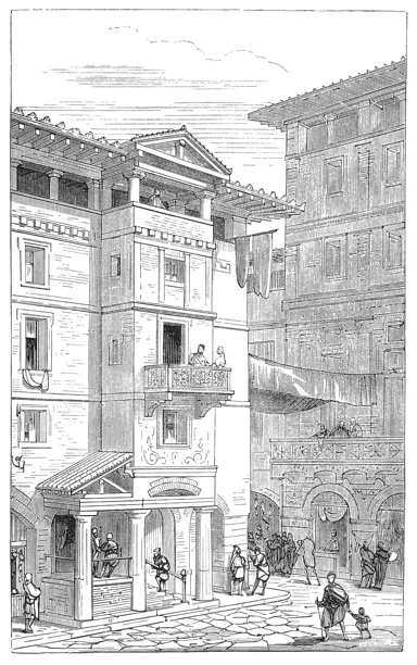 一幅1880年的老式插画，描绘了古罗马熙熙攘攘的城市街道，人们在此互动，建筑精美，有多层楼宇、阳台和鹅卵石小路，展现了历史悠久的城市生活和日常商业活动。图片下载