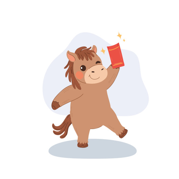 中国新年可爱马抱着红包卡通生肖插画图片下载