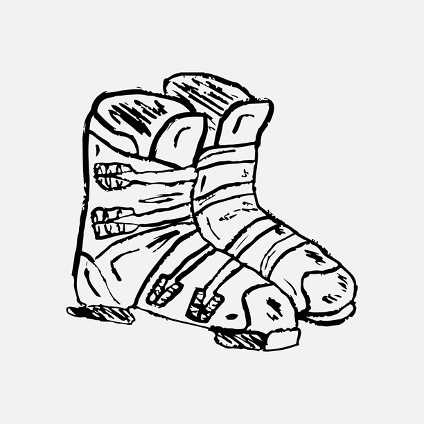 手绘带搭扣、绑带的滑雪靴。复古蜡笔炭笔风格的矢量草图插画，适合冬季运动装备、教育。图片下载