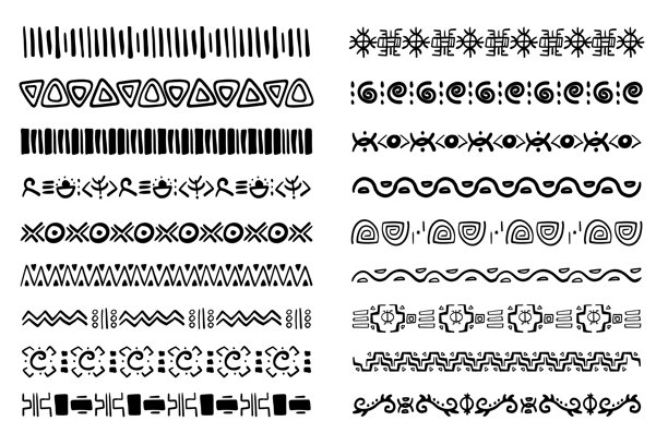 非洲部落民族边框，几何图形手绘分隔线涂鸦，纯手工绘制，波西米亚风格，斯堪的纳维亚风格笔触，传统民族装饰。矢量插画图片下载
