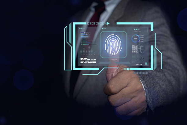 手指按压生物识别指纹扫描仪，带有技术图标。控制或允许访问信息、概念、系统和隐私的网络安全技术。图片下载