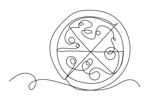 线条艺术披萨草图插画。单线条连续波浪形轮廓画。笔触现代涂鸦糕点食物食物符号图标。咖啡馆菜单卡邀请函草图轮廓设计元素。图片下载