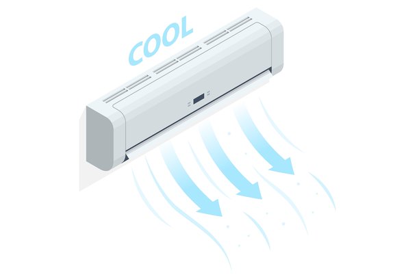空调等距插画，展示四种运行模式：制冷、制热、新风和风扇。智能暖通空调系统、空气气候控制和家居舒适技术概念。图片下载