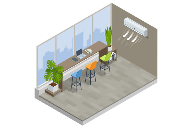等角办公室内部，配有空调和现代家具。旨在营造舒适工作空间和空气净化的气候控制概念。图片下载