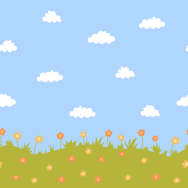 无缝插画，宁静的绿色田野，点缀着小小的野花，蓝天白云。非常适合用作包装纸、婴儿房装饰、环保品牌形象和数字背景。图片下载