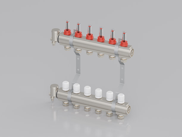 不锈钢供暖分集器，带流量计和阀门，用于地板供暖系统，三维插画图片下载