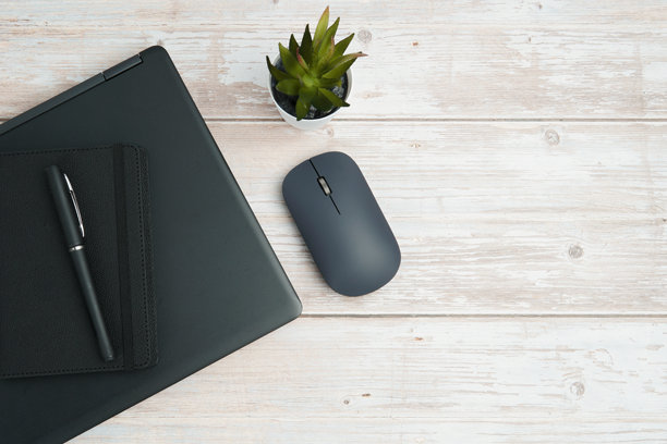 俯视视角，白色木质办公桌上的简约商务工作区，包含笔记本电脑、笔记本、钢笔、鼠标和植物，象征着高效、规划、数字工作和专业的办公室设置，并留有干净的复制空间。图片下载