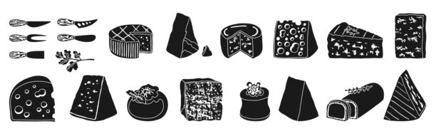 手绘奶酪黑色剪影套装插画，不同形状的奶酪图形矢量设计艺术图片下载