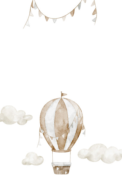 热气球水彩插画，在米色柔和的云彩中漂浮在空中。适用于婴儿房海报、婴儿送礼会贺卡和儿童邀请函的托儿所卡片设计，带有飞机元素。图片下载