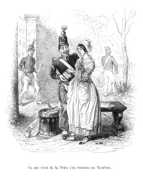 一名身着制服的士兵与一位戴着帽子的女士深情告别拥抱，旁边有其他士兵和军鼓，描绘了‘吹笛子的人会打鼓’的场景，这是一幅1845年的老式复古插画。图片下载